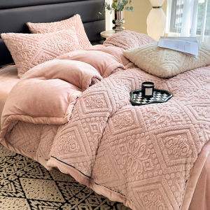 【Super low price】Winter Thicken Bedding Set Carved Velvet Duvet Set with Quilt Cover Bed Sheet Pillowcase Soft Warmth 4Pcs Bed Sets Plush Fleece