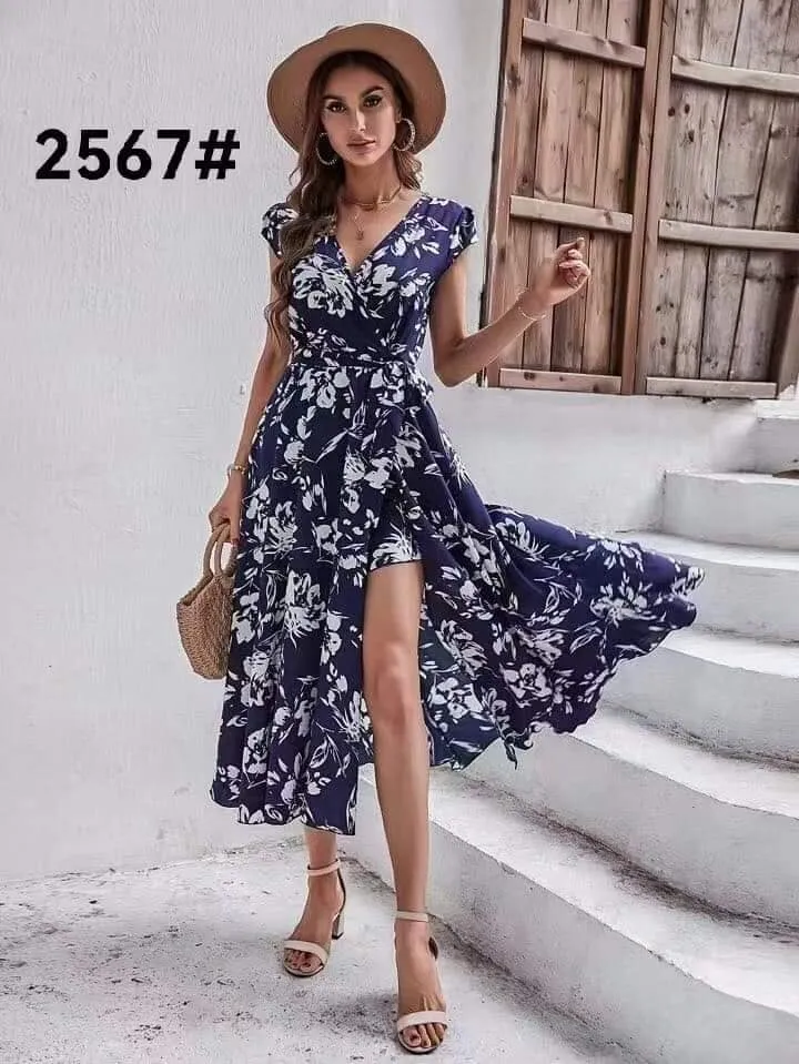 Womens Casual Dress Floral Print Apricot Blue Green V Neck Cap Sleeve Maxi High Waist Knot Size Wrap Boho Dresses