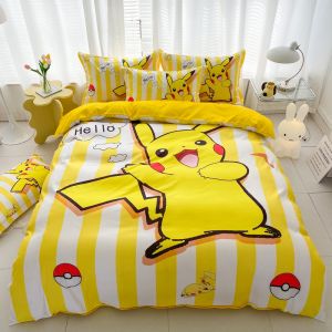 ปลอกผ้านวม Pikachu ปลอกผ้าคลุมเตียงโปเกมอนแบบเดี่ยวราชาราชินีสีเหลืองผ้านวมคลุมเตียงลายการ์ตูน