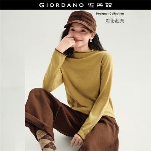Giordano Women Contrast rolled trim mock neck sweater Free Shipping 18356523