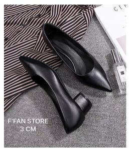 Giày cao gót nữ mũi nhọn đế vuông [DA THẬT] công sở bít mũi màu đen da mềm mại big size FFAN STORE