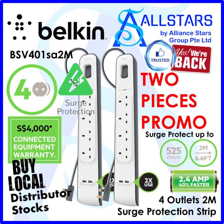 (ALLSTARS : We Are Back Promo) *TWO UNITS PROMO* BELKIN BSV401 / BSV401sa2M 4 Outlets 2M Surge Protection Strip with 2 USB Ports Charging / 2.4A / Surge / Spike Protection / Protect Your Equipment (Warranty 2years with BanLeong)