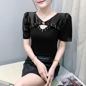 Yimei Áo nữ khí chất thời trang thanh lịch áo ôm vừa khít màu đen tay ngắn áo thun cotton đính hạt móng tay rỗng xinh đẹp 2025 phong cách mới