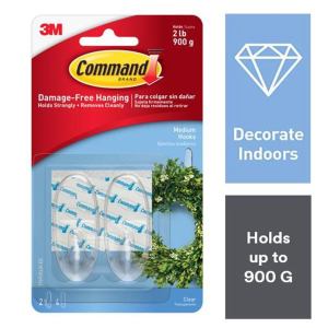 3M Command Clear Medium 2 Hooks with Clear Medium 4 Adhesive Strips and Durable Plastic Construction for Weights of up t