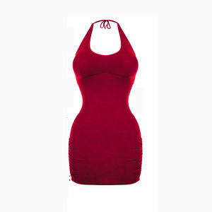 เดรสสั้น มีบราในตัว สีพื้น เปิดไหล่ มีสายผูกคล้องคอ หลังยางยืด สม็อคข้างลำตัว ผ้าโพลิเอสเตอร์ ทรงเข้ารูป Dress ชุดไปคาเฟ่ #8140