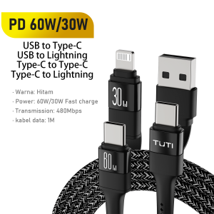 TUTI 4 in 1 Kabel Data USB-Type C to Type C + Lightning PD 60w Fast Charging 1.8M
