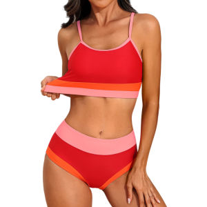 Charmo Women High Waisted Bikini Sets Sporty Color Block Two Piece Swimsuit Scoop Neck Bathing Suits Swimwear