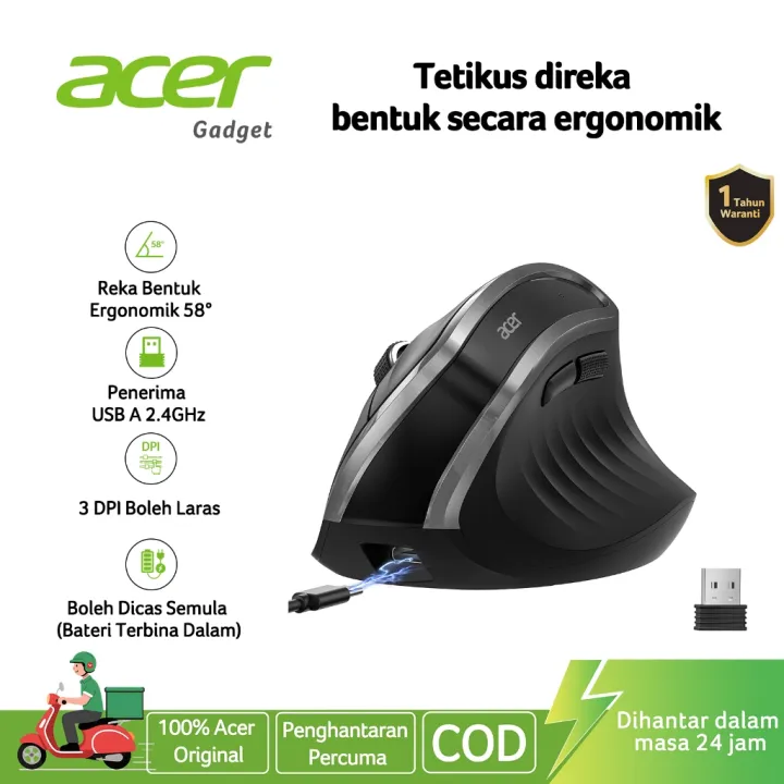 Acer Ergonomic Mouse Wireless, Vertical Computer Mouse for Office, Ergo Mice Rechargeable, 2.4GHz USB Receiver, 800/1200/1600 DPI, 6 Buttons for Laptop, PC and