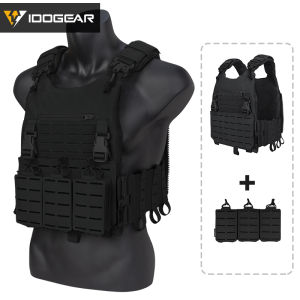IDOGEAR LSR Tactical Vest with 556 Triple Mag Pouch Quick Release Buckle Laser Cut Plate Carrier with 556 762 Mag Side Pouch MOLLE YKK Zipper Lightweight Gear Tactical Vest 3318
