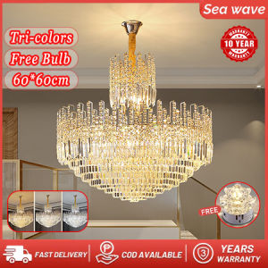 【Free Bulb+Free Gift】Chandelier Ceiling Sala Luxury Gold LED Crystal Staircase Light Crystal Pendant Light Fixture for Living Room Dining Room Bedroom
