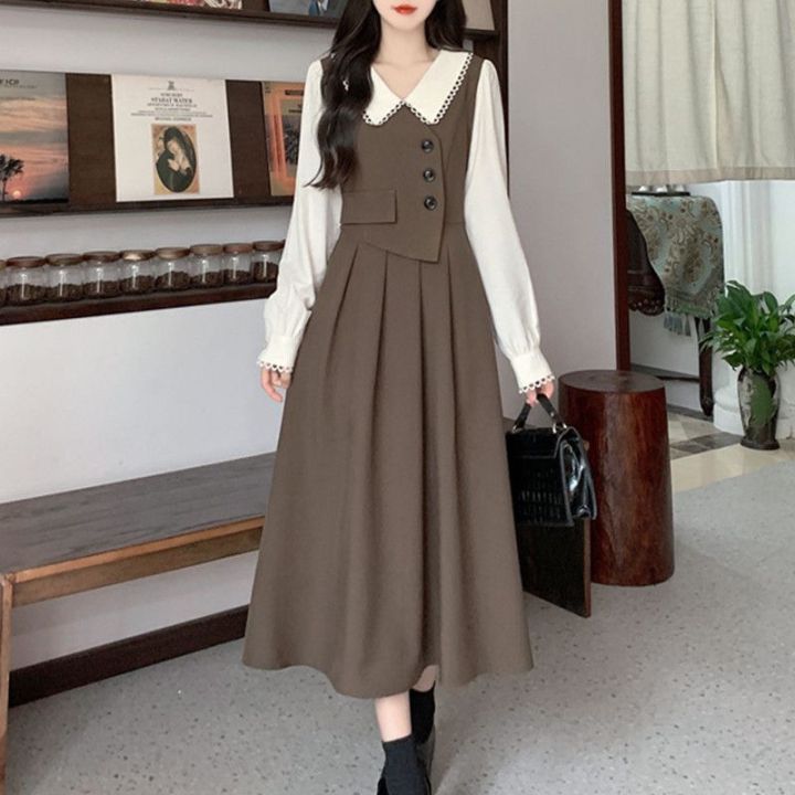 L&P] Váy Phiên bản Hàn Quốc rời váy dài vintage đen đầm dài qua gối Phong  cách đại học váy quảng châu | Shopee Việt Nam