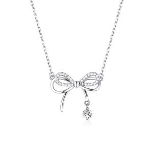 Elegant Bow Pendant Silver Necklace for Women Bow Zircon Pendant Necklace Hypoallergenic Jewelry Valentine Gift