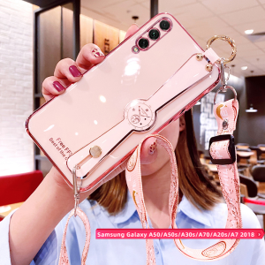 Ốp Điện Thoại Có Dây Đeo Cổ Tay Cho Samsung Galaxy A50 A30s A70 A50s A20s A7 2018 Ốp Có Dây Đeo Dài Miễn Phí Ốp Màu Kẹo Mạ Điện Kèm Ốp Bảo Vệ Máy Ảnh