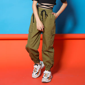 Rolanko Children Pants Jogger Cargo Casual Trousers Girls Boys Hip Hop Dance Bottoms Pants Loose Elasticated Waist Daily Wear 4-14 Years Green
