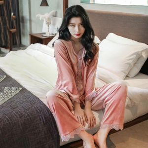 Womens Pajamas Sets Gold Velvet Sleepwear Long-sleeve Cardigan Set Female Homewear Loungewear