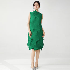 Miyake เดรสคลุมเข่าทรงหลวมแขนกุดและอเนกประสงค์ดีไซน์พับได้งานแฮนด์เมดสไตล์ชุดเดรสหน้าร้อน