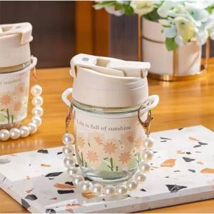 Fashion Flower Pattern Coffee Mug With Pearl Hand Necklace Flask Travel Glass Cup For Gifts