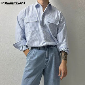 INCERUN Korean Style Men Double Pocket Design Striped Shirt Stylish Solid Lapel Long Sleeve Blouse Tops