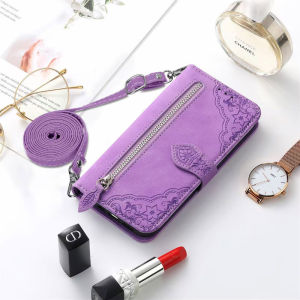 Case for OPPO Reno 14 13 12 Pro 14F 13F 12F 11 11F 10 Pro Plus 5G Flower Wallet Embossed Kickstand Zipper Leather Women Flip Phone Casing Bag with Lanyard Strap
