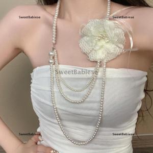 [COD] SweetBabiese Nhiều lớp ngọc trai dài Vòng cổ hoa hồng thiết kế áo len chuỗi trang sức phụ kiện cho phụ nữ