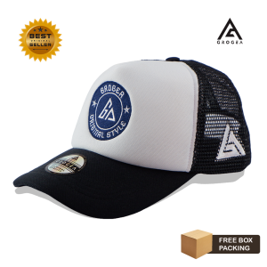 Grogea Topi Jaring Pria Wanita GA 06 Hitam Putih Trucker Hat Bordir Flat