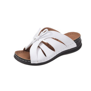 [Free Shipping] New Style Solid Color 20 Large Size 23 Flat Bottom Hollow Out Bowknot Slip-On Sandals With A Fish Mouth Design And A Wedge Heel