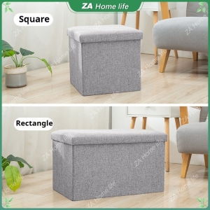 [SG Stock]Foldable Cotton Linen Storage Ottoman Multifunctional Padded Storage Stool Wearable Shoe Changing Bench Fabric Storage Box with Lid for Bedroom Hallway