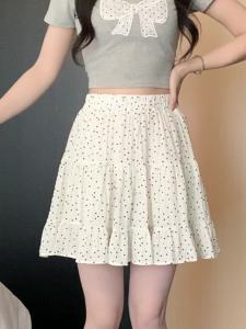 AMMIN กระโปรงลายจุดสไตล์ฝรั่งเศสสำหรับผู้หญิงกระโปรงสวยหรู2024กระโปรงยางยืดเอวสูงกันลื่น