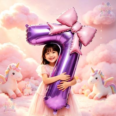 32 Inch Purple Number Foil Balloon 0-9 with Pink Bow Large Helium Balloons for Coquette 7th Birthday
