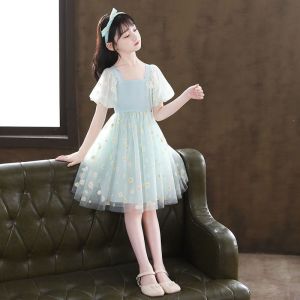 Girls Dress 2024 New Summer Short sleeved Net Red Fashionable Skirt Childrens Chiffon Princess