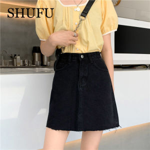 SHUFU 3511 Ready Stock korean style denim skirt for women high waist plus size plain above knee skirt casual a line skirt