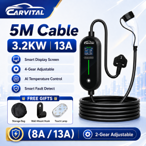 Portable 32A 7.2kW 5m/10m cable EV Charger with digital control screen 3.6kW output Schuko plug