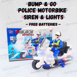[FREE BATTERIES] Policeman Motorcycle Toy with Siren Sound & Lights – Bump & Go Action Motor Polis Motosikal
