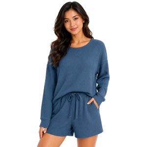 QMissLin QML-0073 Womens Waffle Knit Lounge Set Long Sleeve Crew Neck Top & Drawstring Shorts Casual Sleepwear Pajama Set