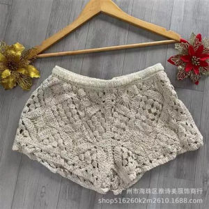 Bikini len móc xinh-Set 3 chi tiết áo bra tam giác che bụng mix quần sooc kèm áo khoác dài sát nách