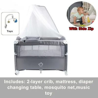 Baby Crib 2 Layer with Mosquito Net And Diaper Changing Table Multifunctional Portable Crib Lightweight Folding Game Bed Liftable Co-Sleep Mode Baby Cradle Toddler Crib for Baby
