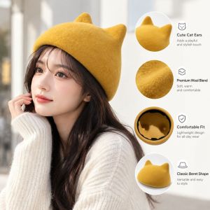 MUNCHX Họa tiết tai mèo Mũ beret tai mèo Cảm giác mềm mại Len cao cấp Mũ của họa sĩ.  Màu trơn Mũ beret len