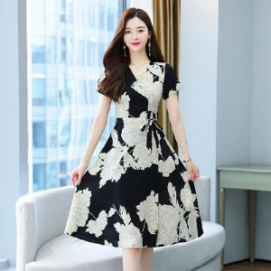 PM✿ Square Neck Floral Dress Womens Retro Summer Slim Temperament Short-sleeved Dress