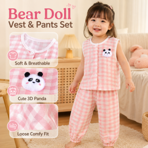 AILEBE Kids Sets Bear Doll Print Sleeveless Vest Pants Set Soft Breathable Fabric Summer Wear Cute Style Elastic Waist Loose Comfy Fit Pambahay OOTD For Baby Girls Boys 2-8 Years