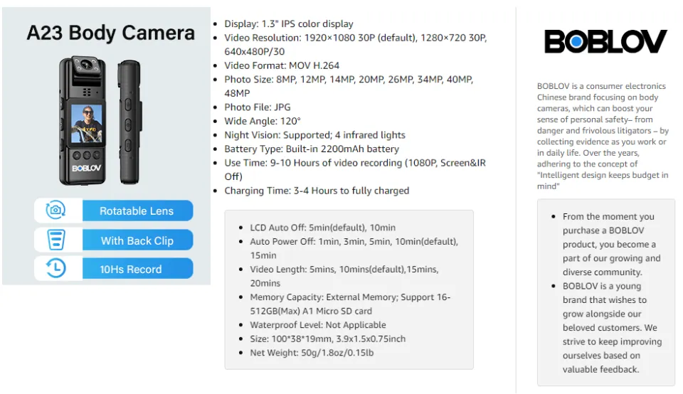BOBLOV A26 128GB Mini Body Camera, Small Body Cams, 6 Hrs Video Recording Tripod Included For Monitoring Wearable Video Camera For Service Delivery Recording Collect Evidence - View #5