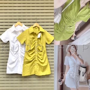 Váy sơ mi rúm 2 màu ulzzang cổ đứng cúc cài mặc tôn dáng/ Váy ngắn cộc tay dáng ôm body trẻ trung năng động - kudoshop