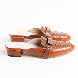 BIGSIZE 35-45 Sepatu Mules Bustong Motif Croco Coklat Wanita Formal Hak Rendah 3 cm Lancip