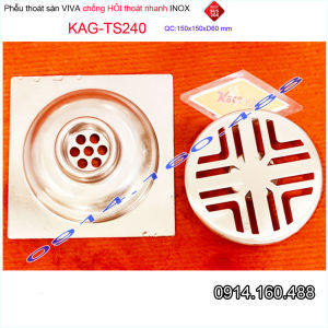 Thoát sàn Viva KAG-TS240 inox 304 Kích thước 15x15cm D60 Phễu thoát nước nhà tắm chống hôi SUS304 siêu bền MẪU MỚI SỌC V