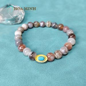 Vòng tay đá Mã Não vân vỏ ốc size hạt 8 li phối charm nén vàng phong cách tây tạng xinh xắn | Hoa Minh Gem