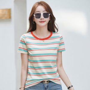 Women Short Sleeve Round-neck T-shirt Casual Tee Stripe Tops 100% Cotton