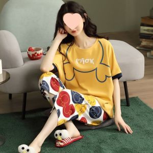 睡衣女士夏季纯棉学生大码短袖薄款七分裤可爱两件套装夏天家居服