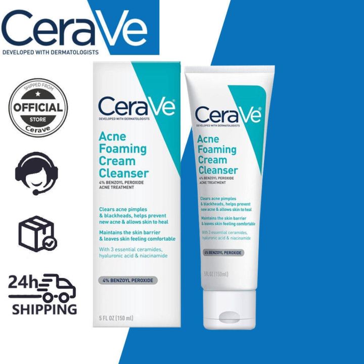 CeraVe Foaming Cream Cleanser Acne Treatment Face Wash with 4 Benzoyl