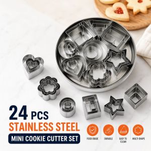 24Pcs Stainless Steel Mini Cookie Cutter Set Reusable Non Stick Baking Pastry Fondant Biscuit Cutters For Dough Clay Kids Learning Tools
