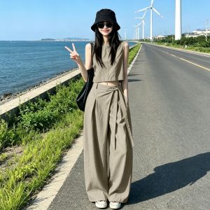 2026 Summer OOTD Sleeveless Top & Wide Leg Pants Two Piece Outfit Set