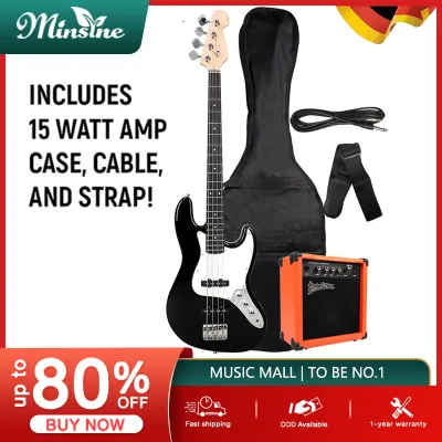 Minsine Bass Guitar Full Size 4 String Exquisite Stylish Electric Bass Guitar with Power Line and Wrench Tool (Natural Wood)